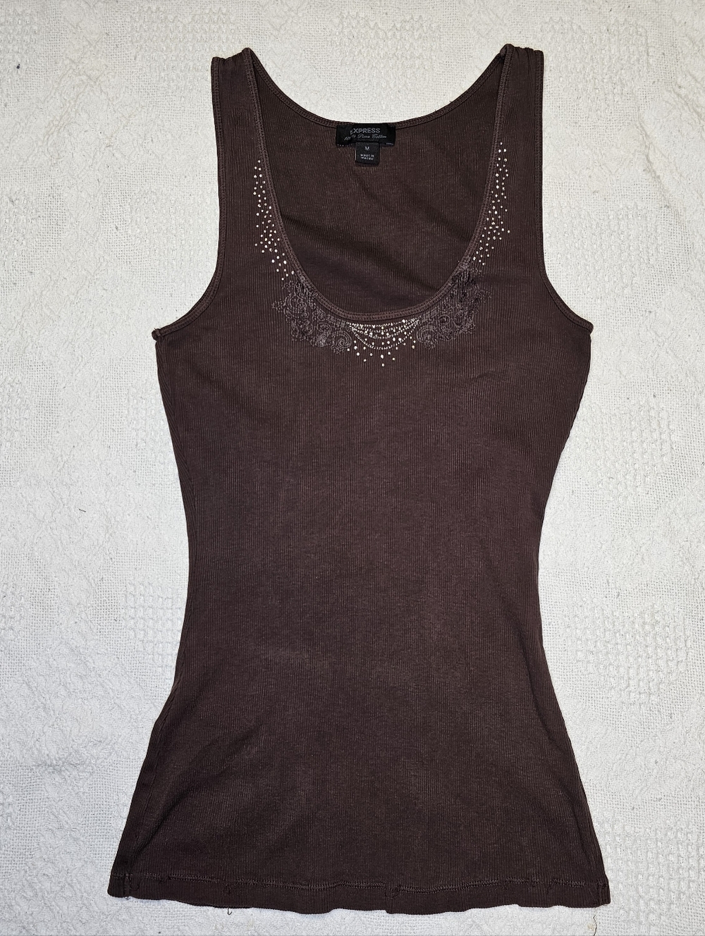 Y2k Express Brown Scoop Neck Ribbed Tank with Rhinestone & Lace Detail